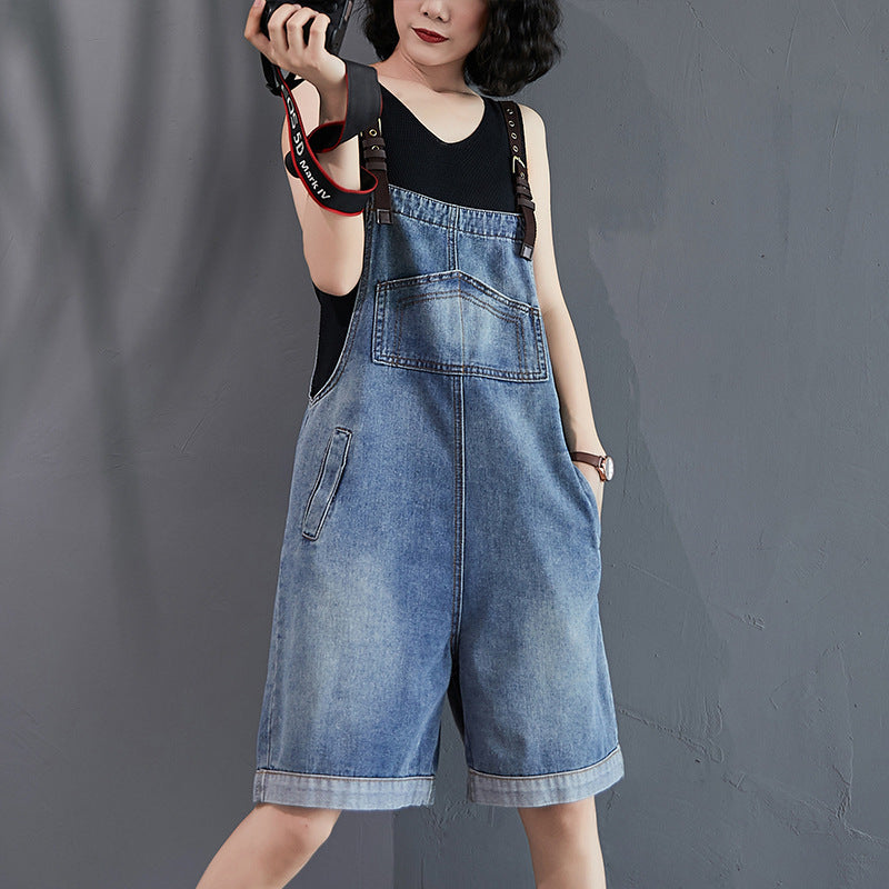 Women's Loose And Slim Wide Leg Denim Overalls Shorts