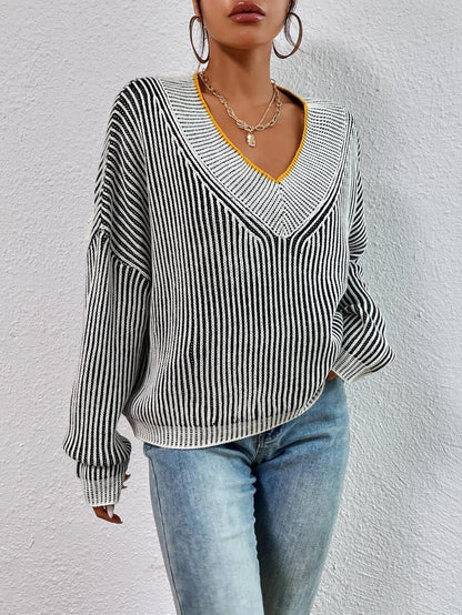 V-neck Loose Slimming Stripes Contrast Color Pullover Knitwear Top