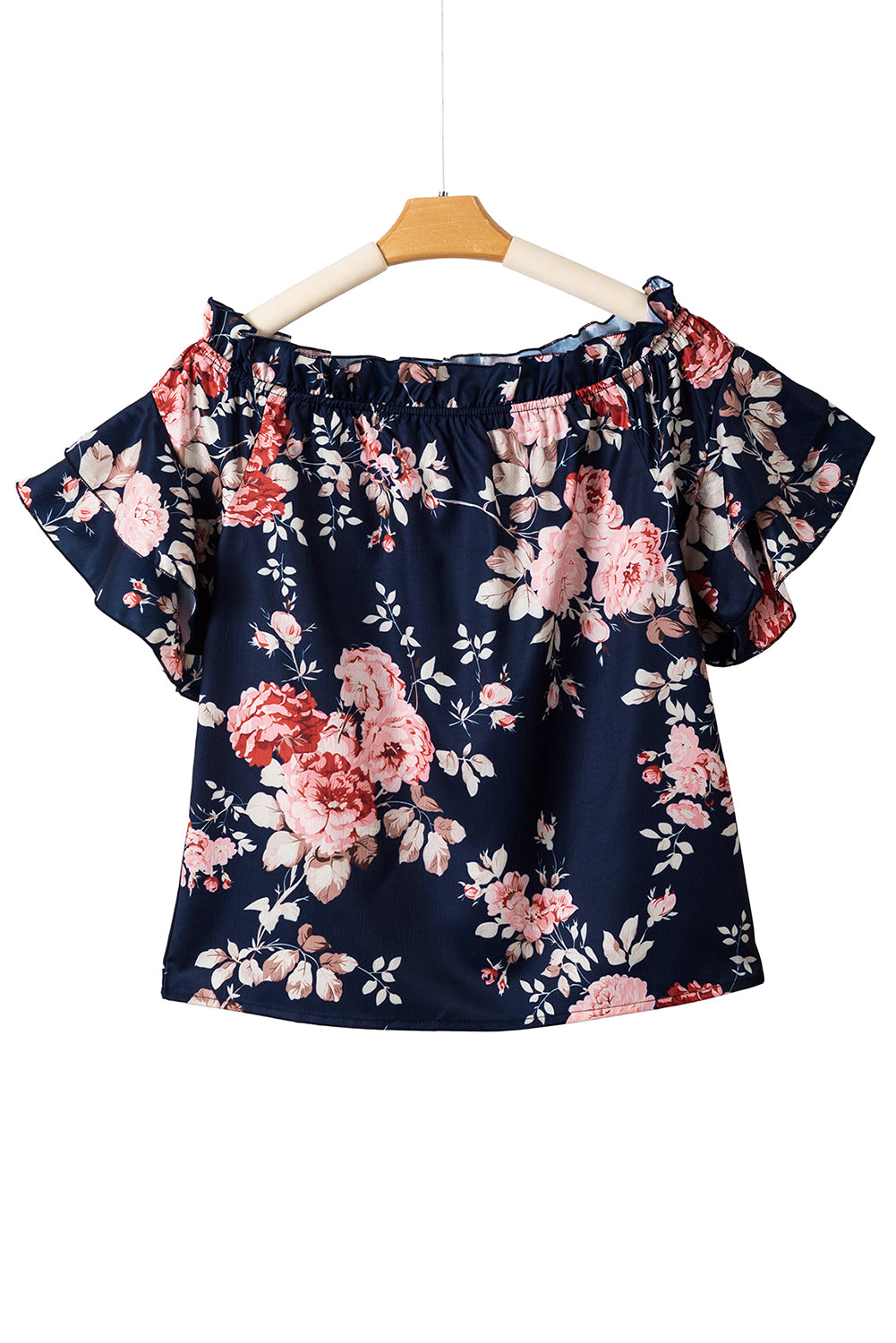 Blusa floral con volantes y hombros descubiertos y mangas con volantes azul