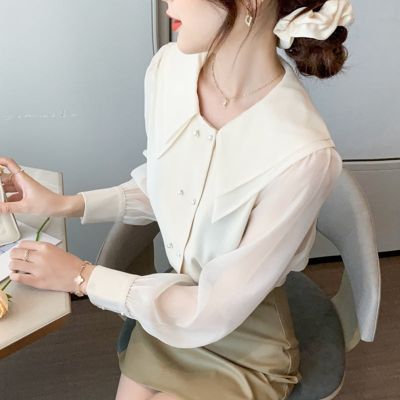 Han Fan Design Sense Chiffon Shirt Long Sleeve Autumn New Double Layer Baby Collar Top Black And White Blouse Fashion