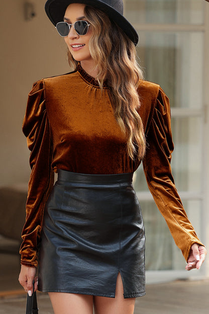 Round Neck Puff Sleeve Velvet Blouse