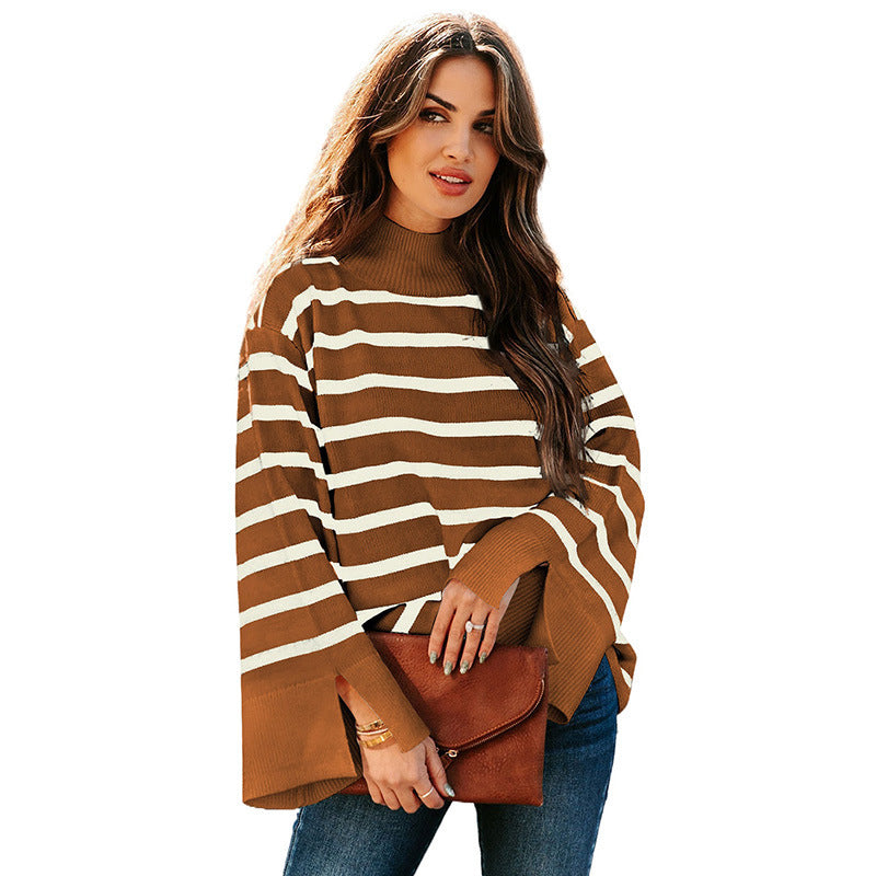 Striped Turtleneck Sweater Women's Cuffs