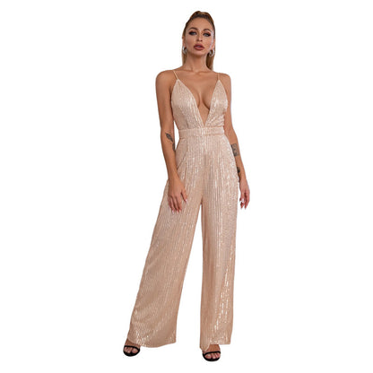 Women's Suspender Sequins Deep V One-piece Suit