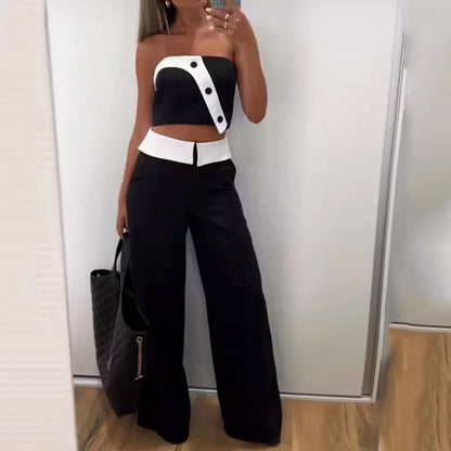 Fashion Hot Girl Vest High Waist Wide Leg Pants Color Matching Suit