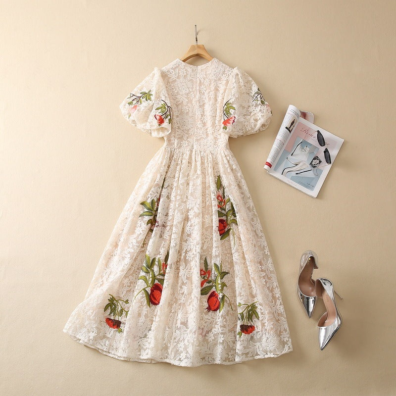 Round Neck Lantern Sleeve Lace Dress