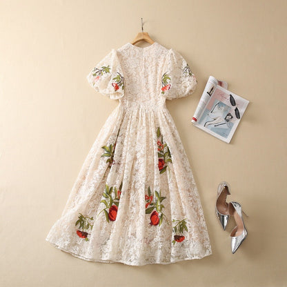 Round Neck Lantern Sleeve Lace Dress