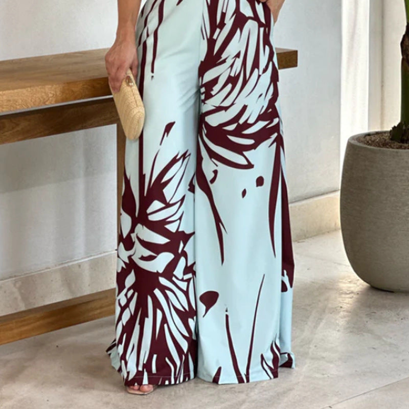 Summer Graceful And Fashionable Half Turtleneck Sleeveless Printed Hollow-out Cinched Wide Leg Jumpsuit