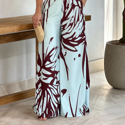 Summer Graceful And Fashionable Half Turtleneck Sleeveless Printed Hollow-out Cinched Wide Leg Jumpsuit