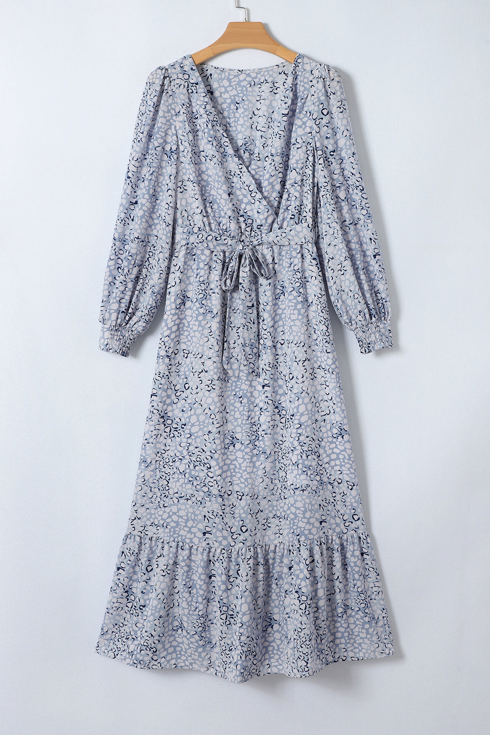 Sky Blue Printed Surplice Neck Bubble Sleeve Maxi Dress with Sash