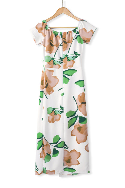 Robe mi-longue moulante fendue à épaules dénudées et imprimé floral vert