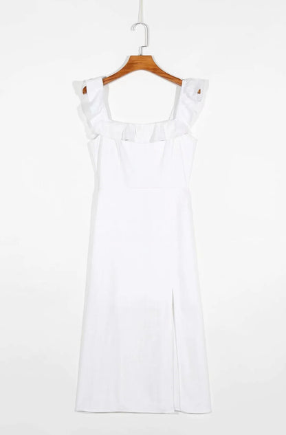 Slim Fit White Dress With Ruffle Neck