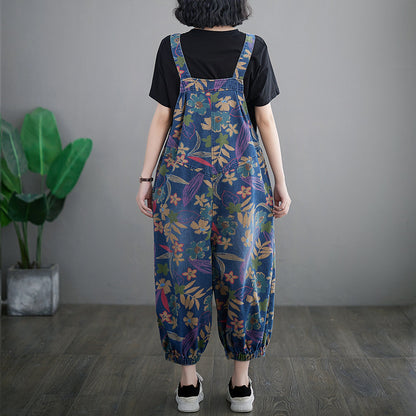 Loose Slimming Slim Fit Printed Cropped Denim Suspender Pants