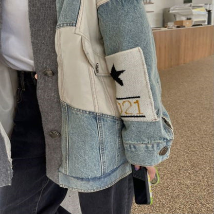 Women's Patchwork Knitting Design V-neck Loose Denim Jacket