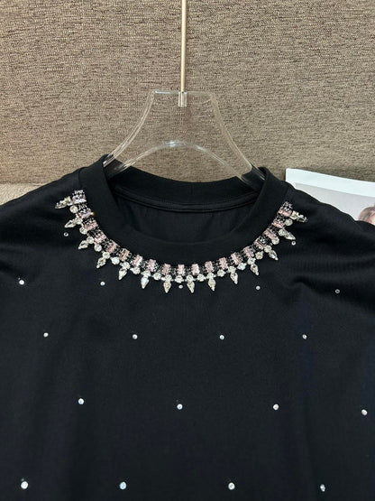 Simple Round Neck Rhinestone Full Diamond Design Short Sleeve T-shirt