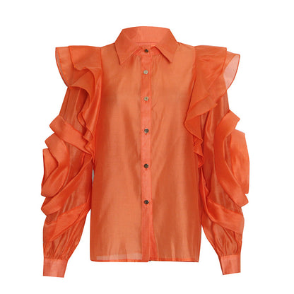 Temperament Organza Solid Color Shirt Lapel Ruffle Stitching