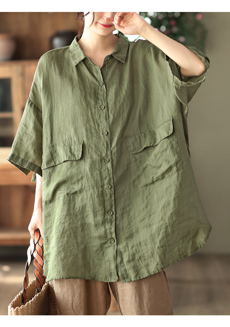 Retro Ramie Shirt Mid-length Elegant Top