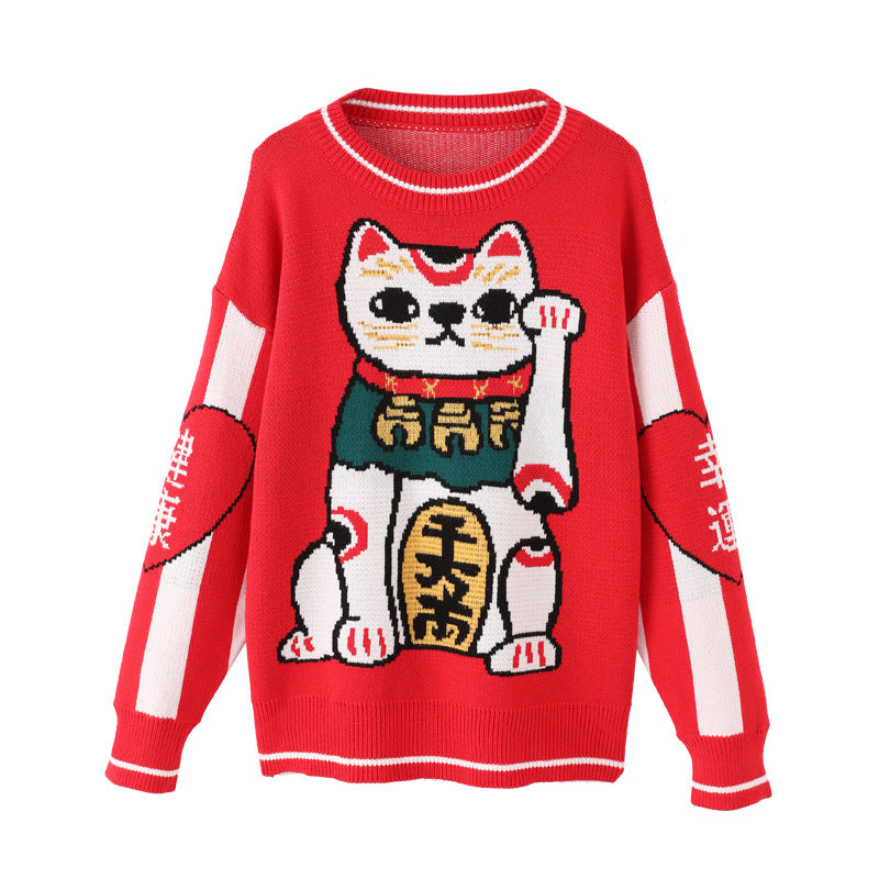 Suéter retro grueso Lucky Cat a la moda para mujer