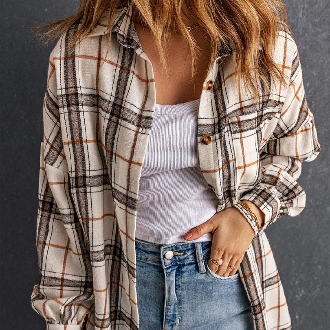 Plaid Long-sleeved Shirt Women's European And American Thigh-length Loose Cardigan All-matching Shirt