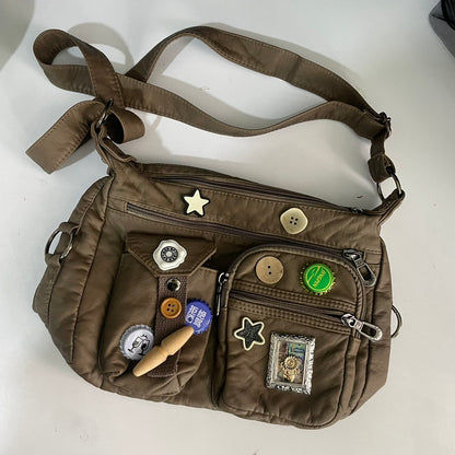 Vintage Button Bottle Cap Patch Messenger Distressed Crossbody Bag