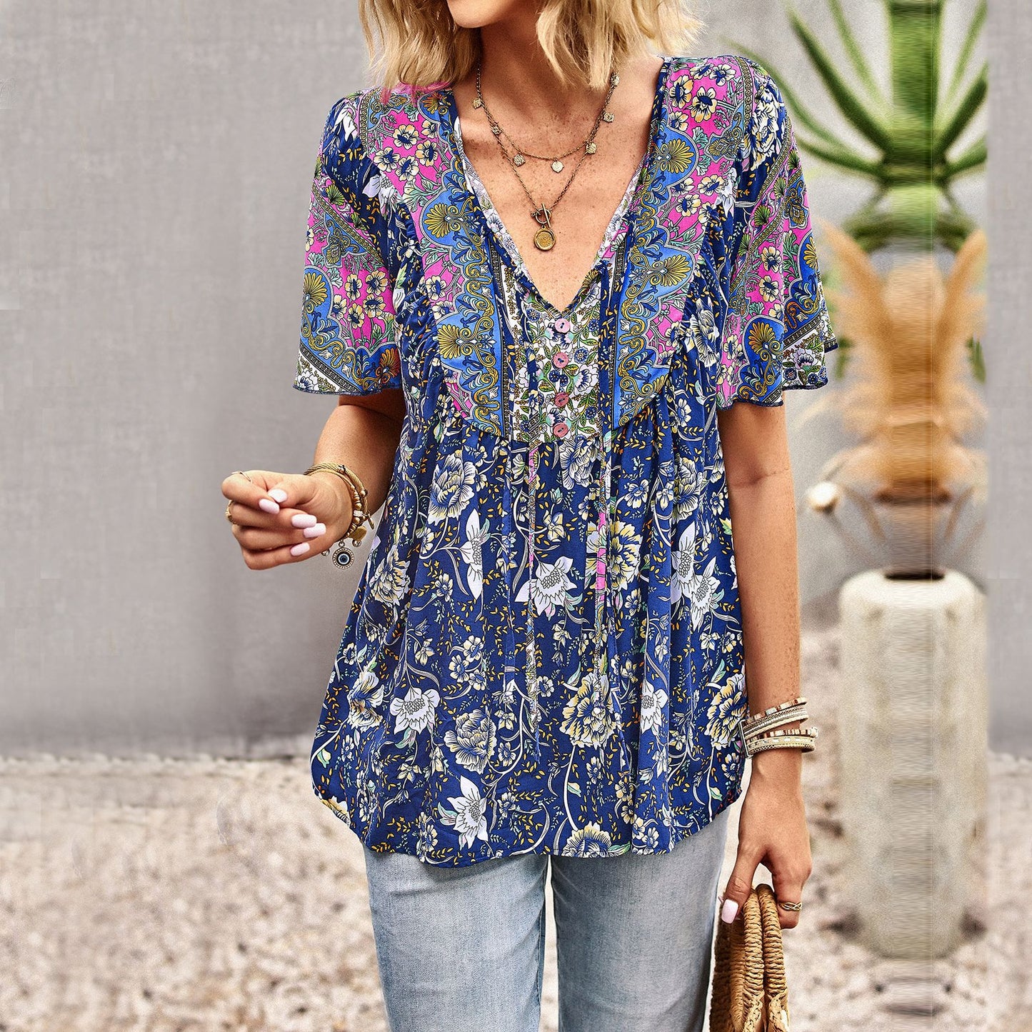 Camisa estampada asiática Top informal con cuello para mujer