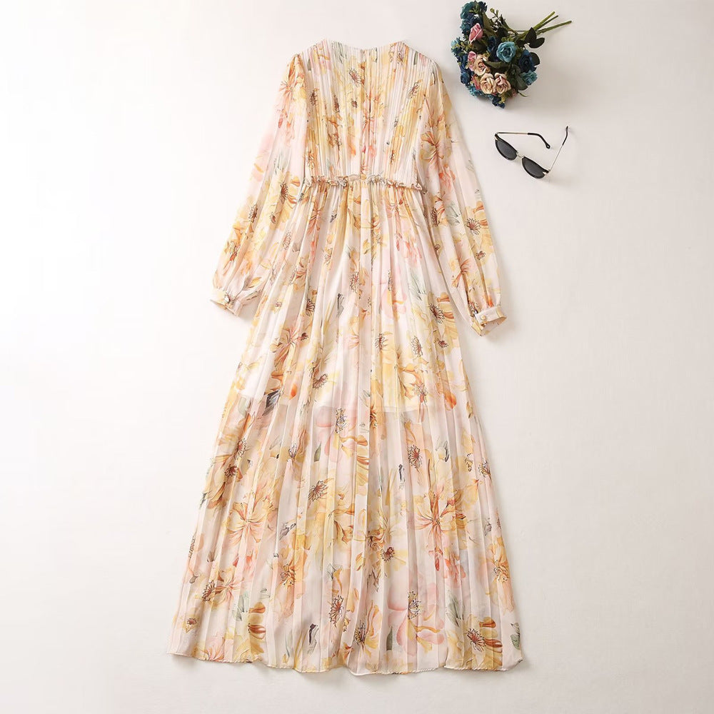 Women's V-neck Lantern Long Sleeved Printed Pleated Dress