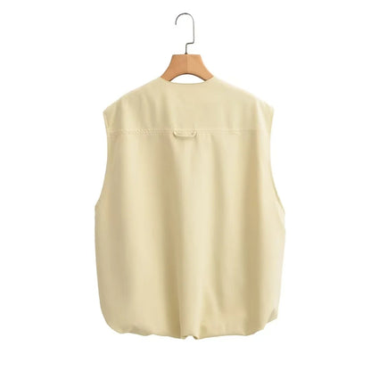 Casual Round Neck Sleeveless Loose Zipper Pleated Vest