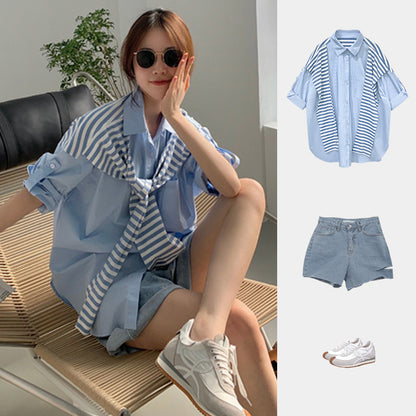 Niche Fake Two Piece Striped Shawl Shirt