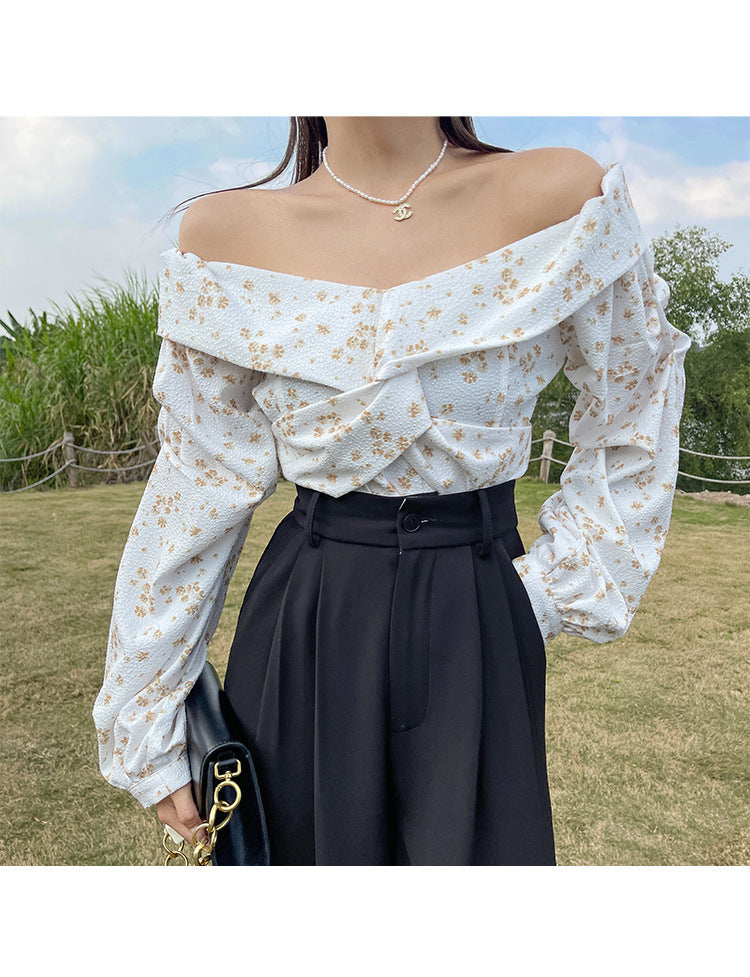 One-shoulder Floral Women's Design Niche Short Sweet Long-sleeved Top