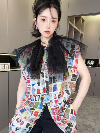 New Mid-length Cartoon Printed Mesh Patchwork Top