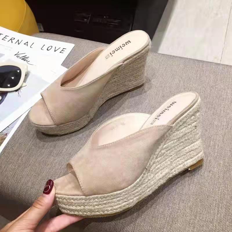 Pantuflas de plataforma con cuña y punta abierta de gamuza con tiras de moda para mujer