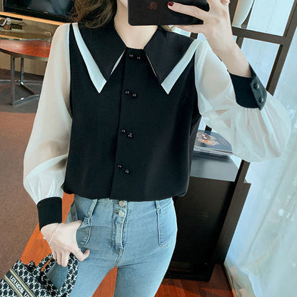 Chiffon Long Sleeve Shirt Ladies Lantern  Doll Collar