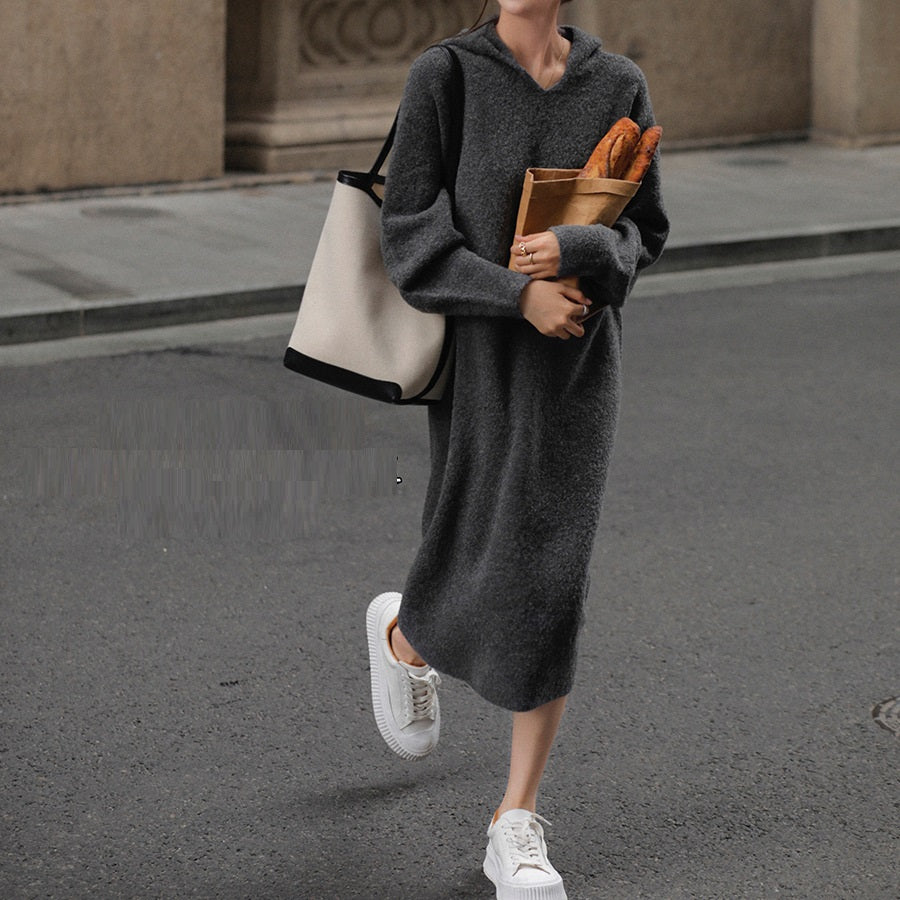 Vestido con capucha y cuello en V de mezcla de lana de punto suelto