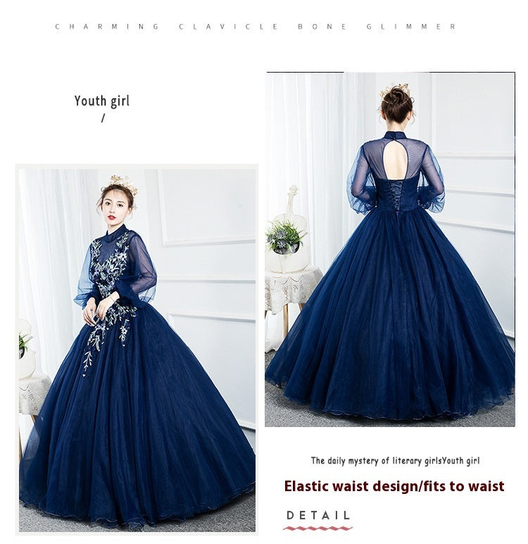 Long Sleeve Colored Mesh Student Vocal Music Host Performance Evening Dress