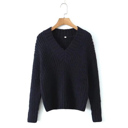 Simple All-in-one Solid Color V-neck Long Sleeve Sweater Sweater Woman