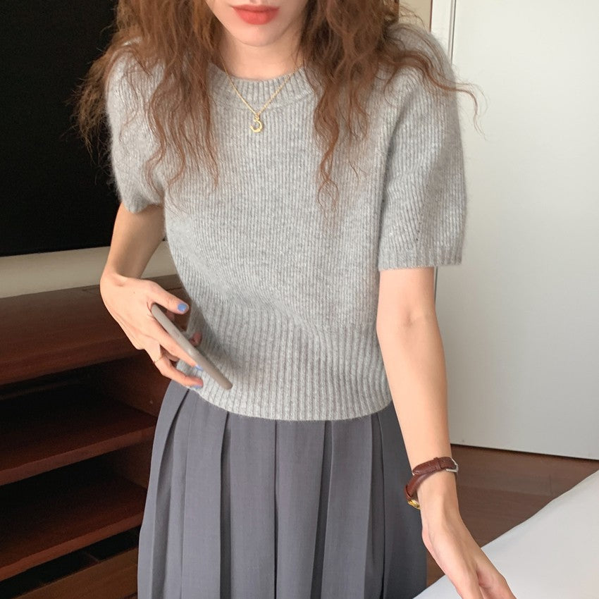 Round Neck Solid Color Bottoming Short Sleeve Knitted Sweater Waist