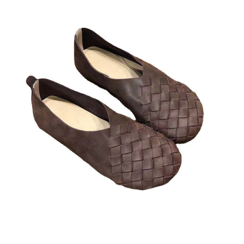 Retro Round Toe Flat Bottom Soft Cowhide Woven Women's Shoes