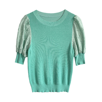 Women's Round Neck Puff Sleeve Knit Top