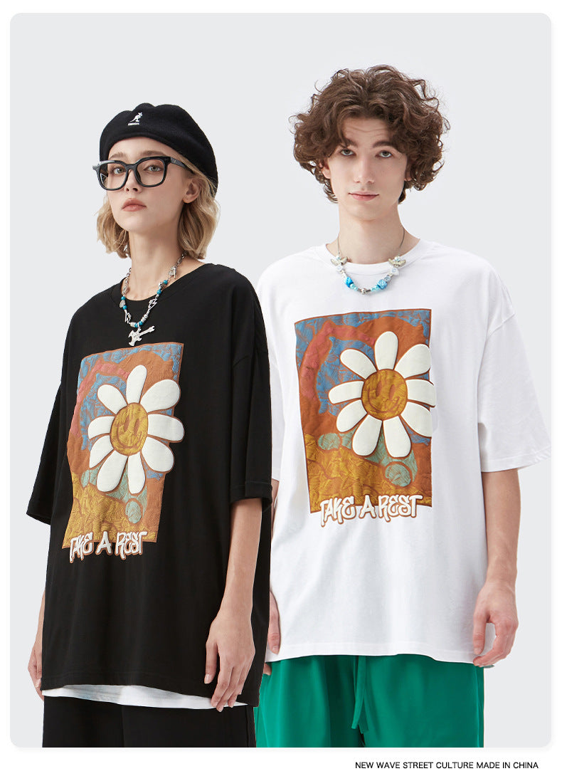 Stereo Foam Print Cartoon Daisy Short-sleeved T-shirt