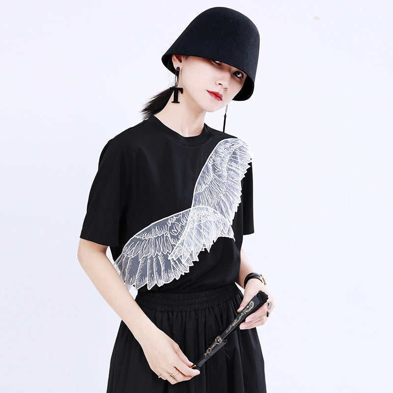 Short Sleeve Design Personality Blouse With Angel Wings Embroidery Applique T-shirt For Women