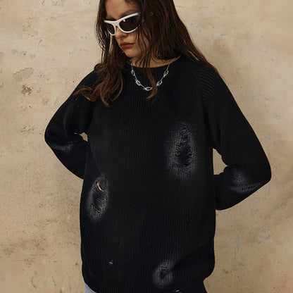 Round Neck Ripped Cool Design Loose Sweater