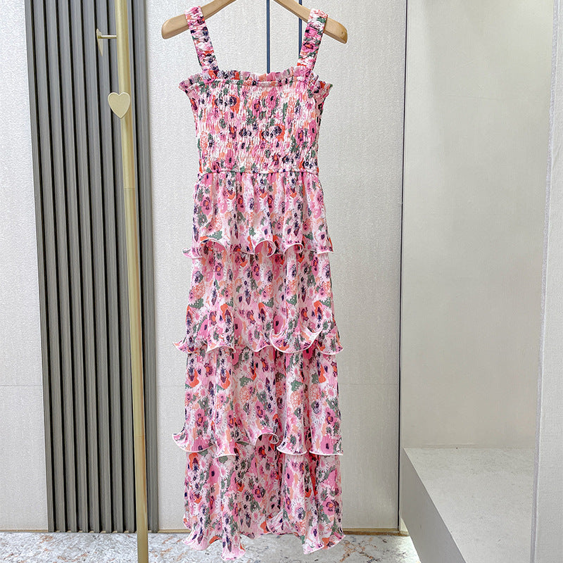 Floral Fashion Vacation Style Suspender Layered Dress