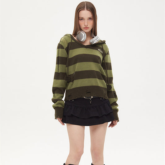 Autumn Hooded Sweater Women Contrast Stripe Thin