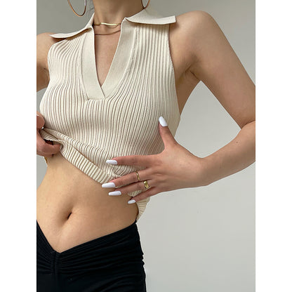 Women's Lapel Polo Knit Crop Top