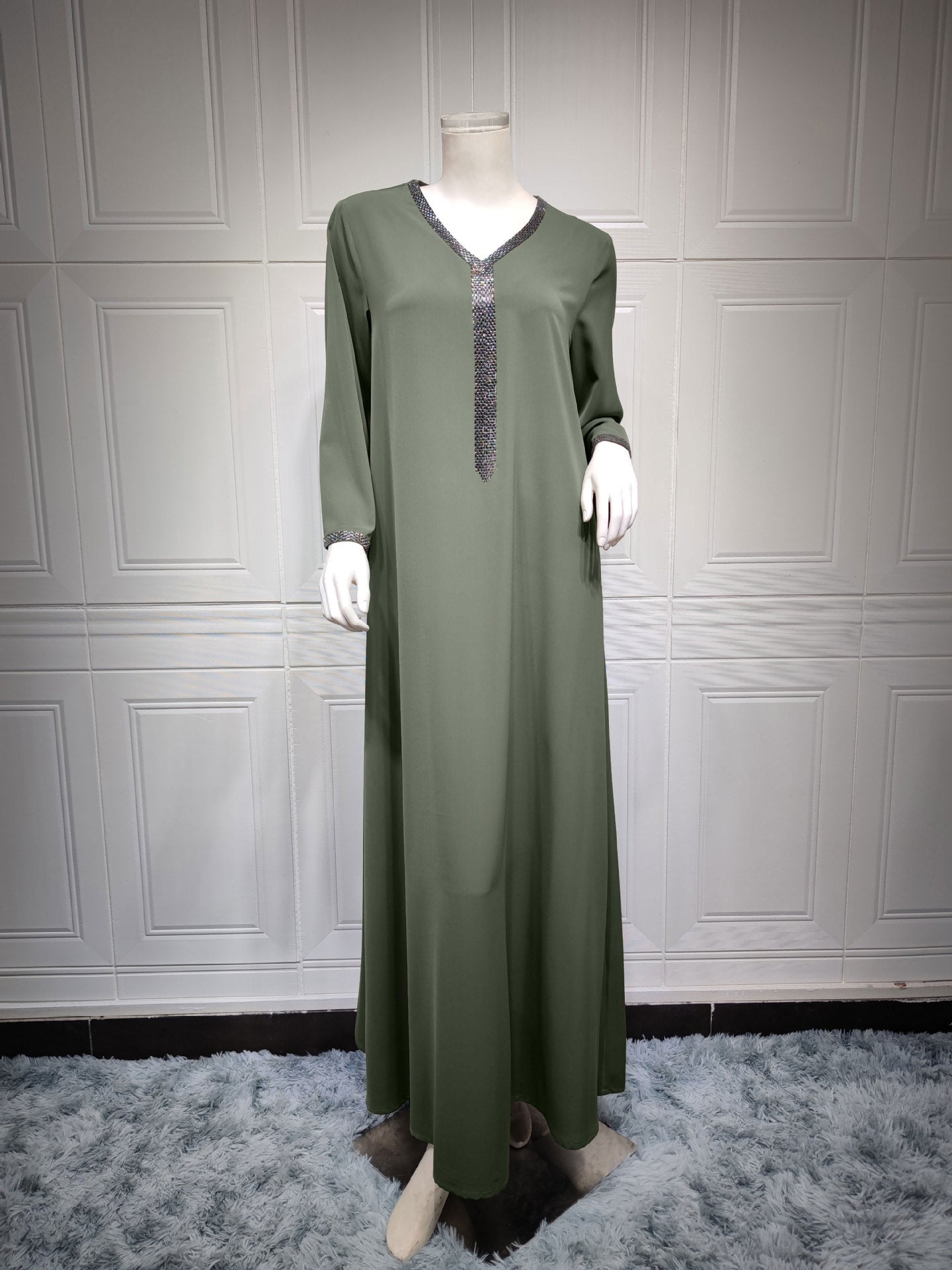 Retro V-neck Hot Drilling Female Dress Djellaba