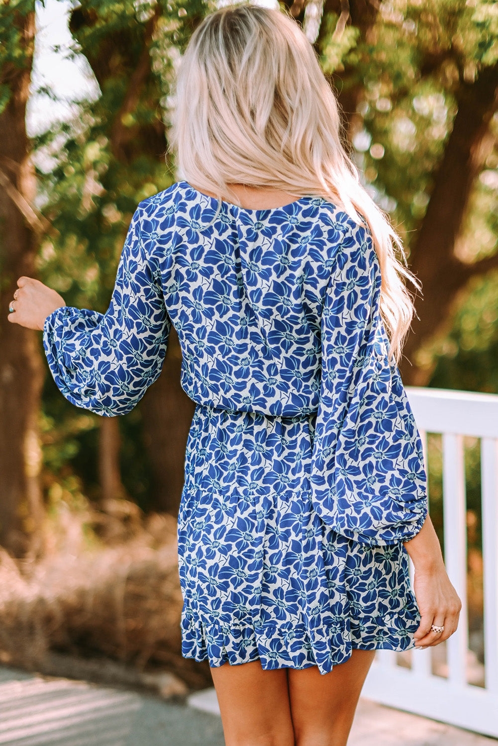 Vestido tipo túnica floral con mangas farol y cuello en V azul cielo azul/azul/albaricoque