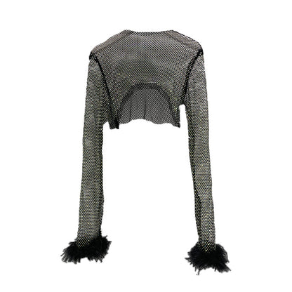 Flash Diamond Hollowed-out Feather Long-sleeved Fishing Net Top