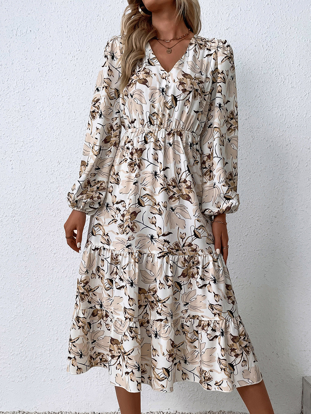 Women's V-neck Mid-length Bubble Sleeve Printed Long Sleeve Big Hem Dress