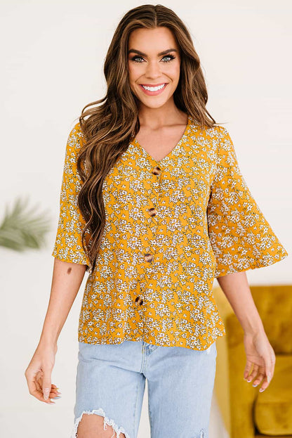 Printed Button Front Flare Sleeve Blouse