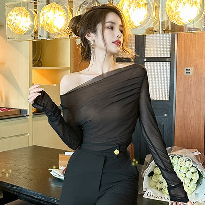 Women's Pure Desire Style Sexy Long Sleeve Mesh T-shirt Slim Off-shoulder Top Undershirt Shirt