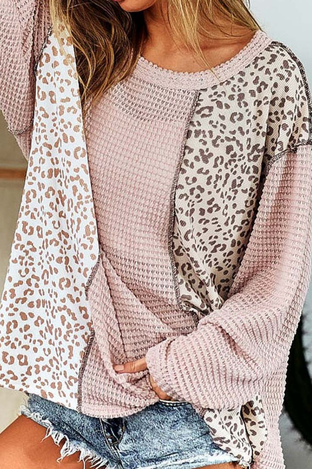 Leopard Exposed Seam Long Sleeve Blouse